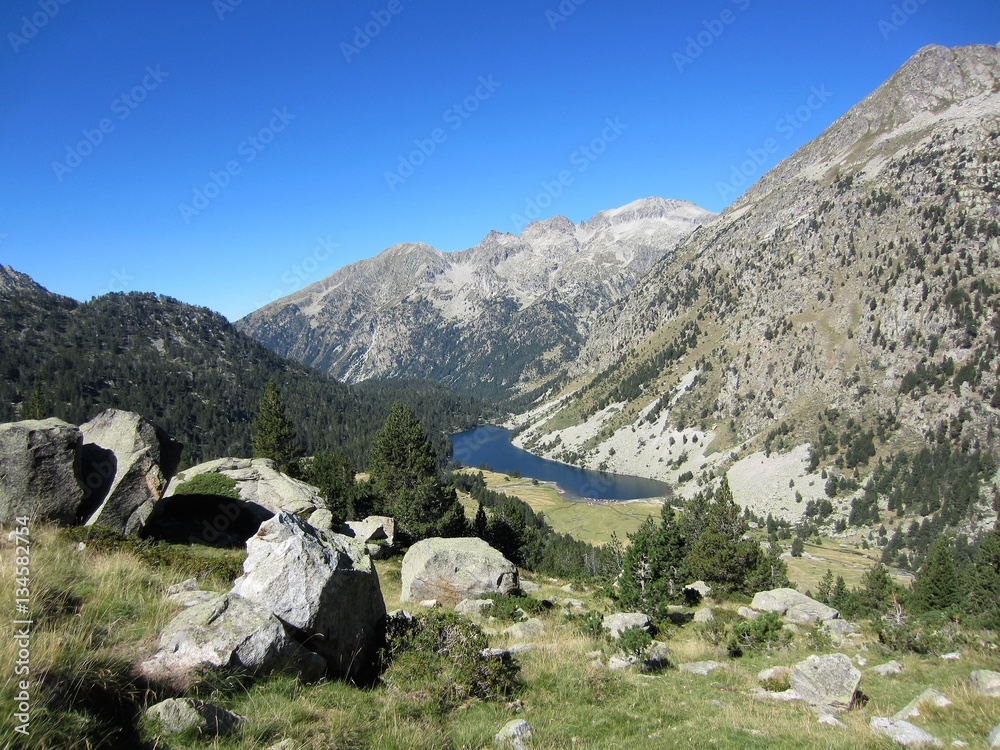 mountain valley and lake Aiguestortes Pyrenees