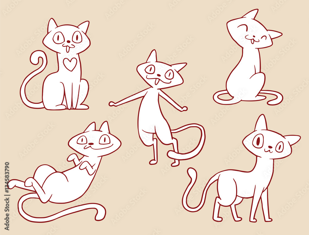 Fototapeta premium Vector set of cartoon images of cute different cats with different actions and emotions on a beige background. Made in monochrome style. Pet. Vector illustration. Positive character. Set of cats.