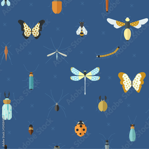 Geometric pattern with bugs and insects. Colorful seamless texture for your design made in vector. © lumpra