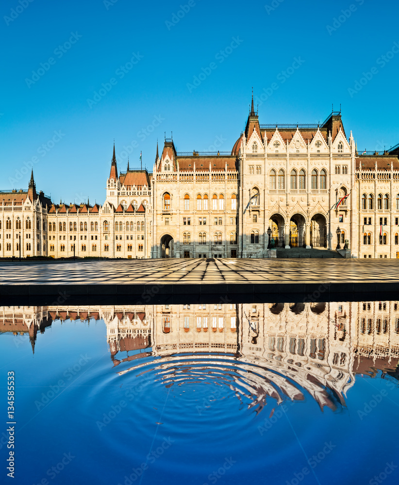 Front view of the Parliament building in Budapest with reflectio