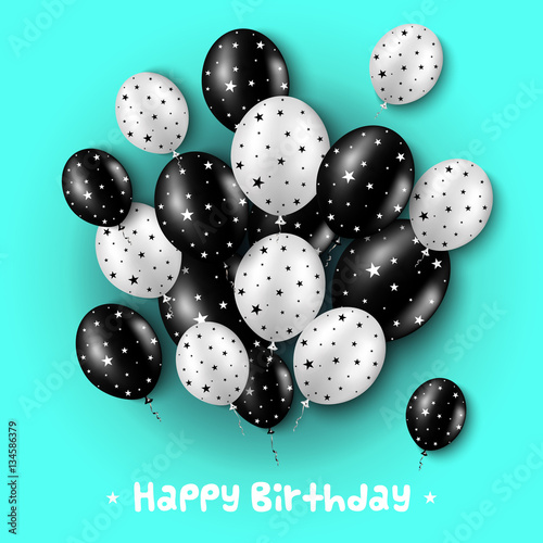Birthday card with black and white balloons with stars on bright