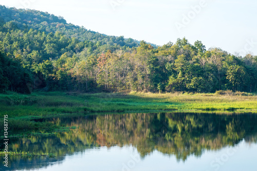 Beautiful lake with green mountain nature at Chiang Mai Thailand 