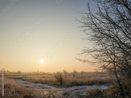 Beautiful morning sunrise and winter landscape