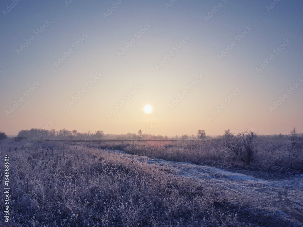 Beautiful morning sunrise and winter landscape Beautiful morning sunrise and winter landscape