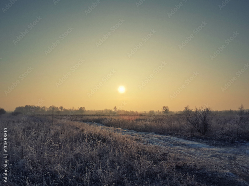 Beautiful morning sunrise and winter landscape Beautiful morning sunrise and winter landscape