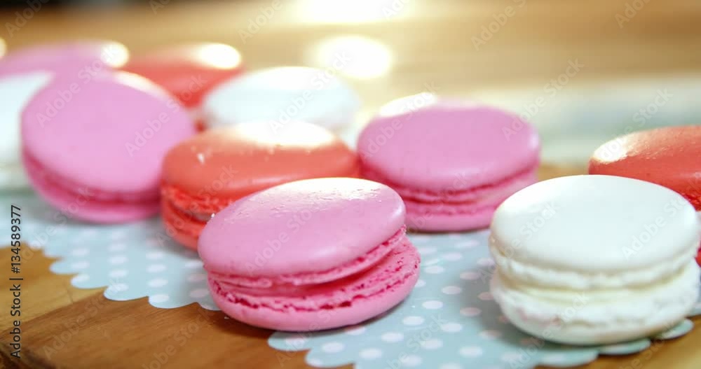 Tray of macaroons on counter in café 4k Tray of macaroons on counter in café 4k