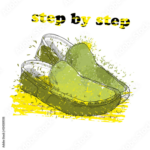 Hand drawn moccasin shoes with watercolor effect, ink, art and blot object. Step by step. Green spring.