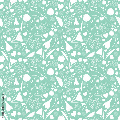 White flower pattern vector seamless on mint green background. Floral print for spring cards, girl female design, wedding invitation, save the date, baby or bridal shower.
