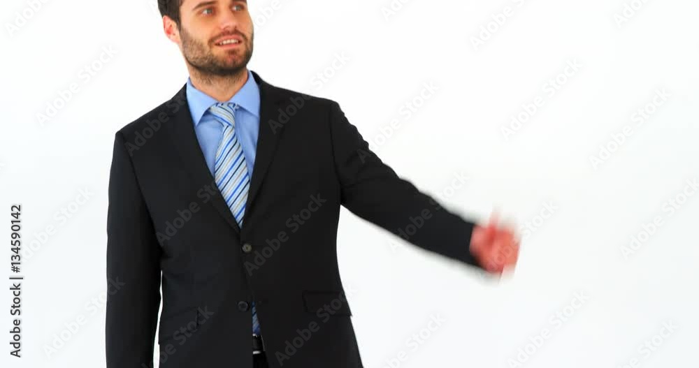 Businessman holding briefcase and shielding eyes on white background 4k Businessman holding briefcase and shielding eyes on white background 4k