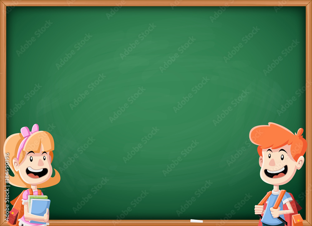 Cartoon children with books in front of green chalkboard blackboard. Students with backpack.
Cartoon children with books in front of green chalkboard blackboard. Students with backpack.