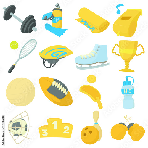 Sport items icons set, cartoon style