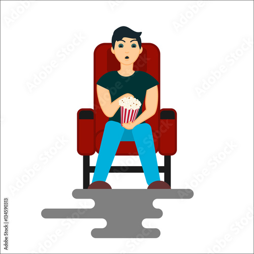 Young man is watching movie in the Cinema with popcorn bucket. Vector Illustration isolated on white background