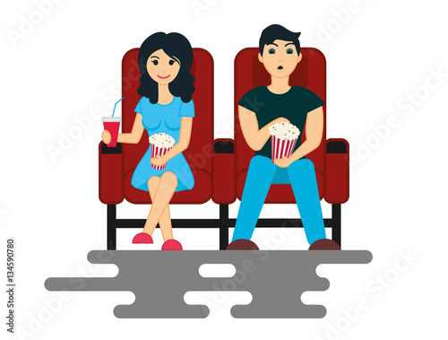 Young couple man and woman are watching movie in the Cinema. Vec