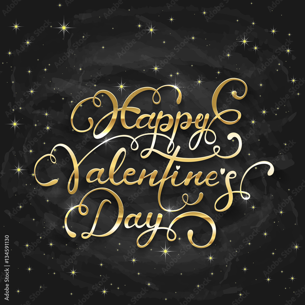 Golden lettering Happy Valentines Day on black chalkboard backgr