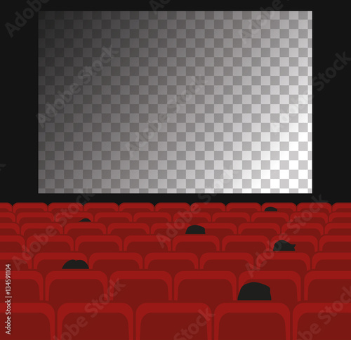 Cinema auditorium with transparent screen and red seats.