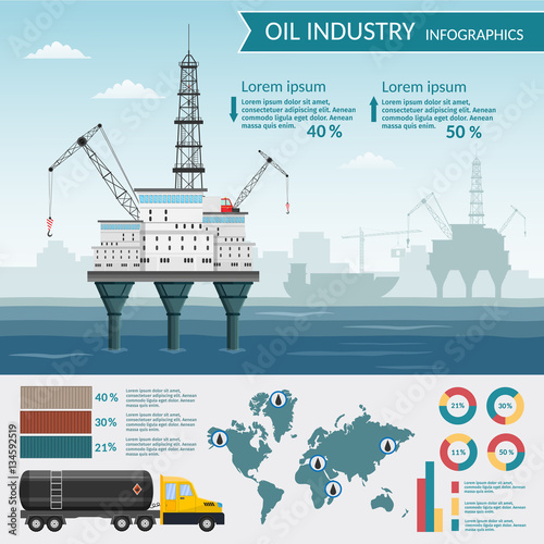 Vector of Oil rig industry processing petrol and transportation infographics set production elements.