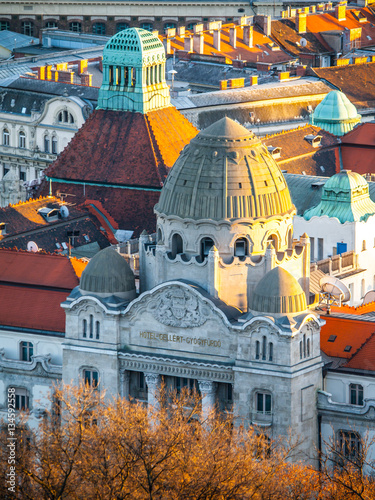Photography Aerial view of Gellert thermal spa historical building from Gellert Hill, Budapest, Hungary, Europe