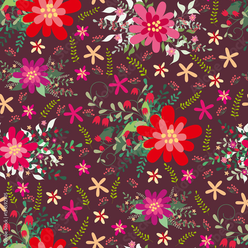 Bright colorful seamless floral pattern with red and pink doodle flowers and leaves