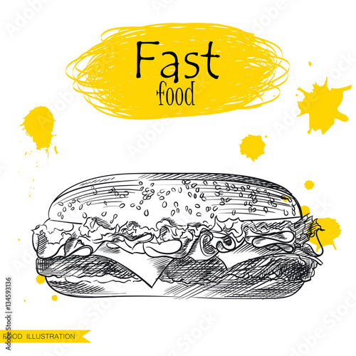 Hand drawn sandwich isolated on white background with yellow blots. Fast food sketch elements vector illustration.