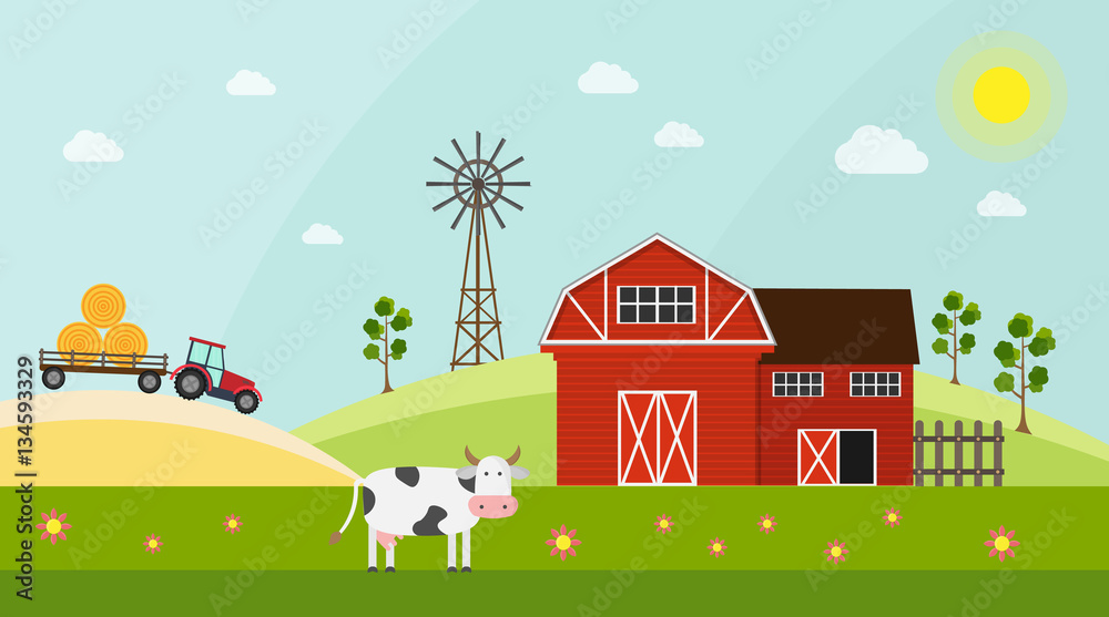 Big set of vector farm elements and animals background.