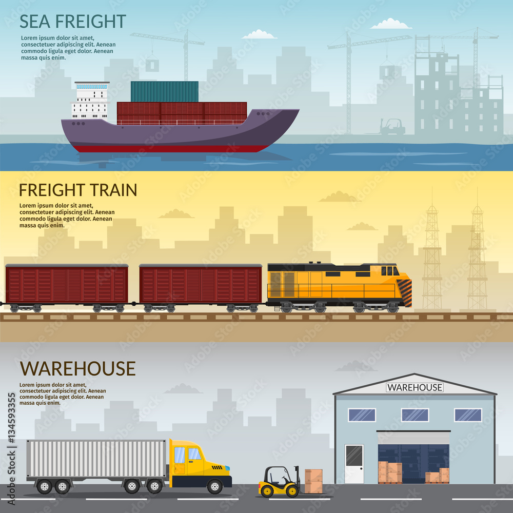 Warehouse interior storage vector set, with shipping and delivery, roof and lamps, flat illustration Logistic concept of wagon truck Warehouse interior storage vector set, with shipping and delivery, roof and lamps, flat illustration Logistic concept of wagon truck