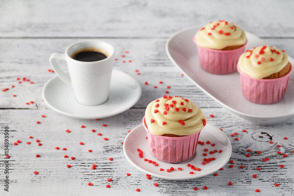 Valentines day sweet cupcakes decorated with hearts Valentines day sweet cupcakes decorated with hearts