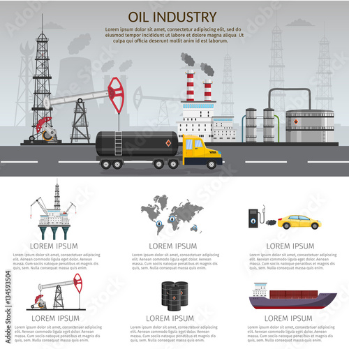 Infographics Vector Oil rig industry of processing petrol fuel and transportation set of production elements.