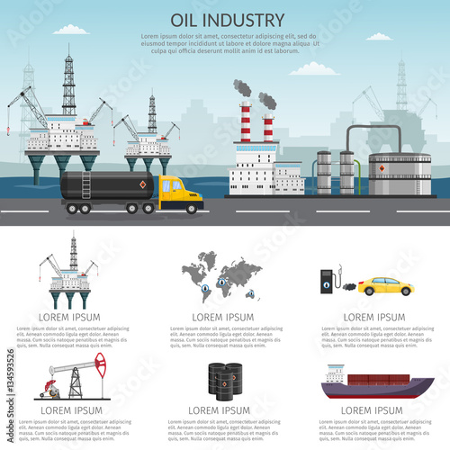 Infographics Vector Oil rig industry of processing petrol fuel and transportation set of production elements.