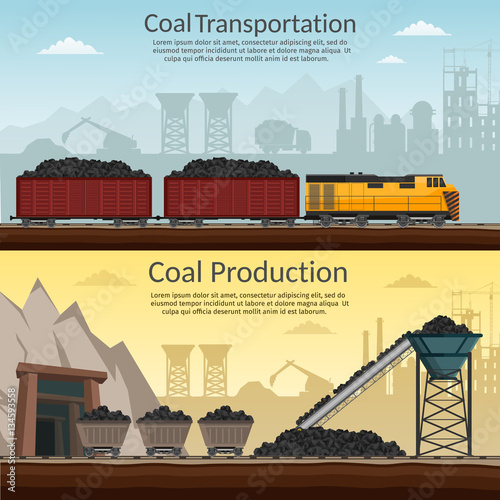 Coal mining industry and transportation set infographics elements isolated vector technics buildings