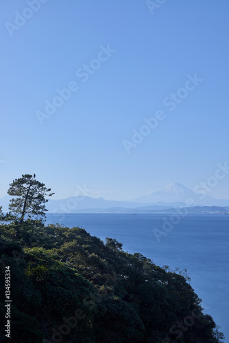 View of Mount Fuji and sea from a cliff in Enoshima  Kanagawa Prefecture  Japan