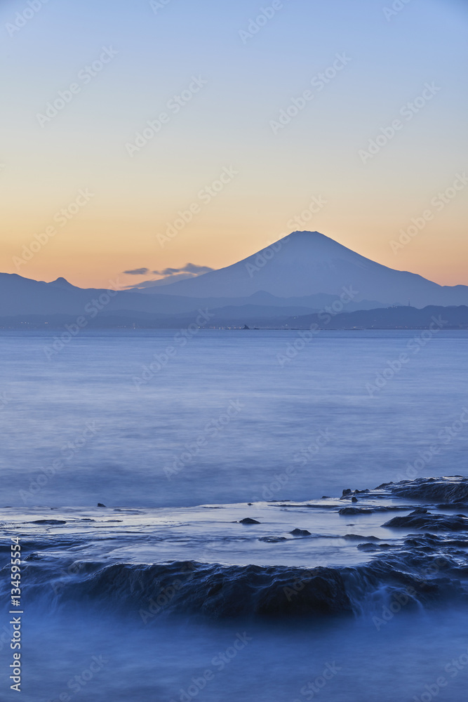 View of Mount Fuji and silky water after sunset from Enoshima, Kanagawa Prefecture, Japan