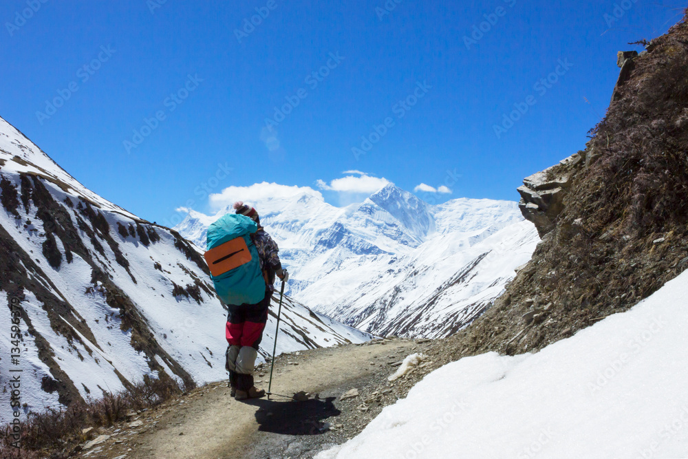 Lonely hiker trekking in Himalaya Mountains, Annapurna Circuit T