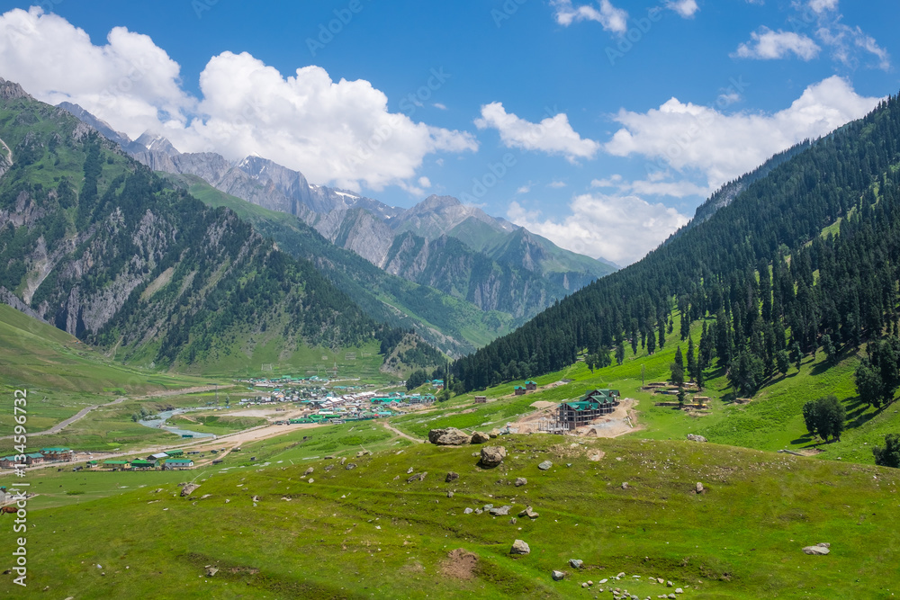 Small village at Sonamarg surrounded by mountain and forest, Jam
