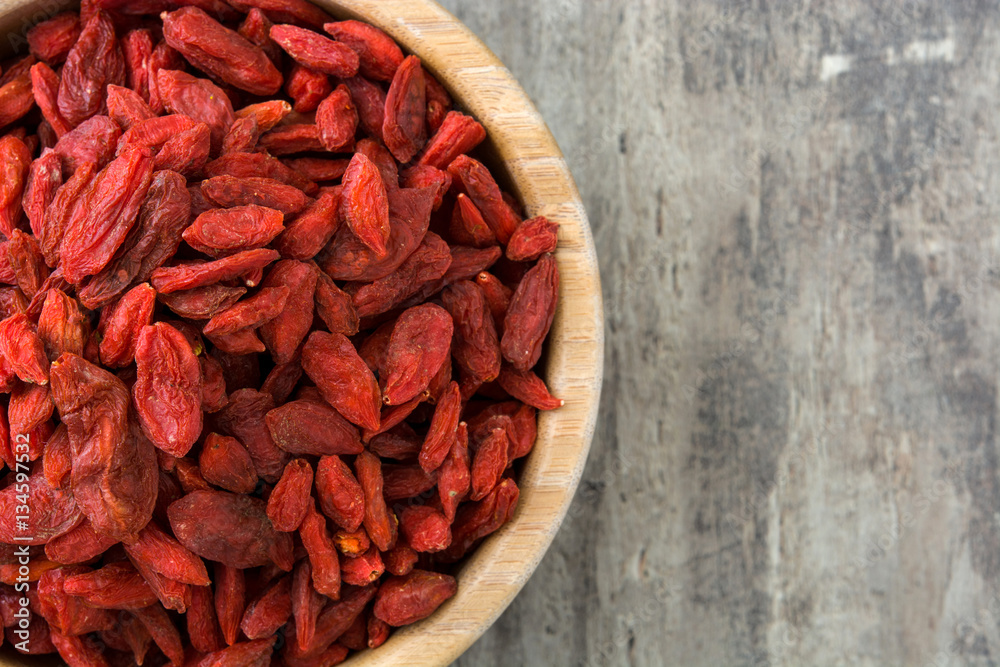 Wolfberries or Goji berries in bowl on wooden table
Wolfberries or Goji berries in bowl on wooden table