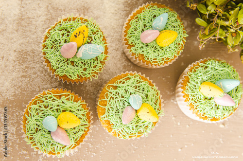 Beautiful cute Easter cupcakes with Easter decorations isolated on wood background while cooking by chef