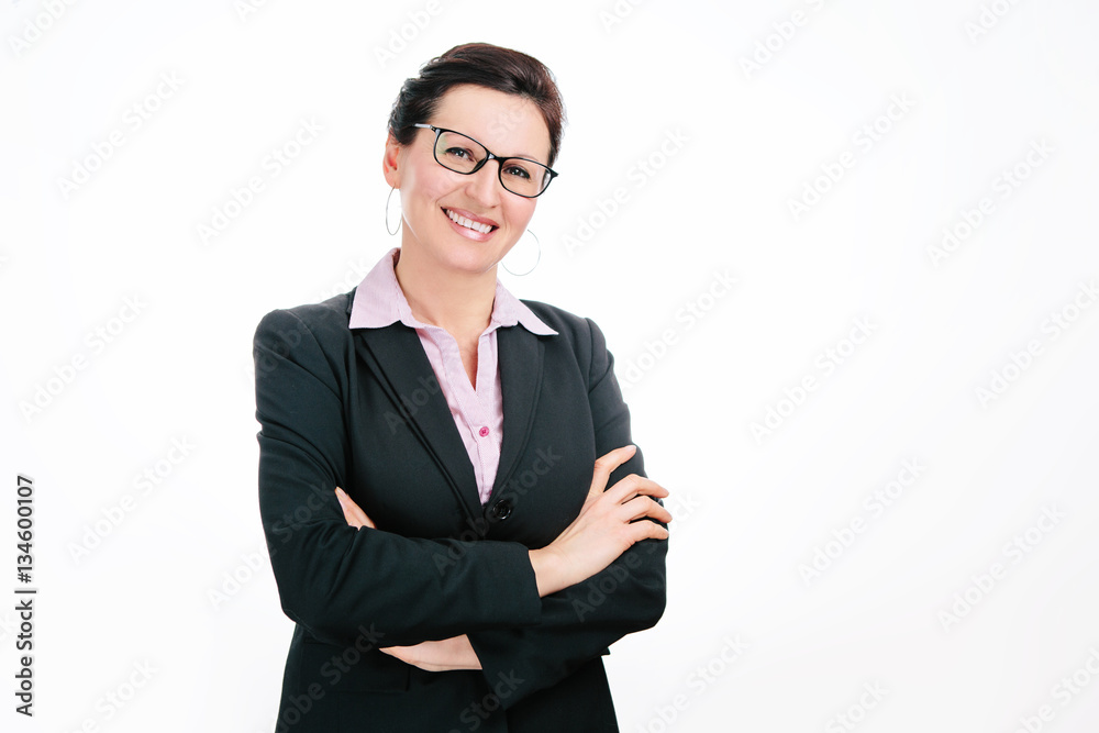 Cute business lady in black jacket on white background Cute business lady in black jacket on white background