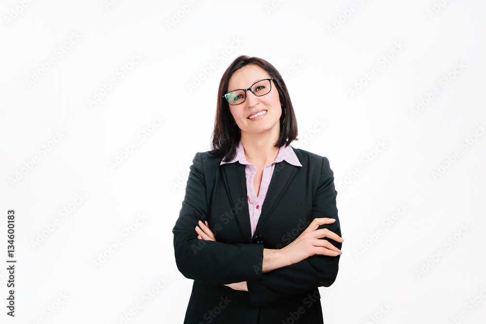 Cute business woman in black jacket on white background Cute business woman in black jacket on white background