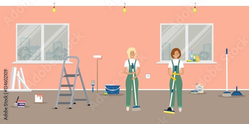 Room repairing at home. Cleaning in the apartment after walls' painting. Cleaning women, standing with a mop and a brush, in the room of peach color. Vector illustration