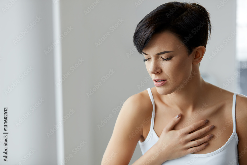 Beautiful Female Suffering From Painful Feeling, Pain In Chest. Beautiful Female Suffering From Painful Feeling, Pain In Chest.