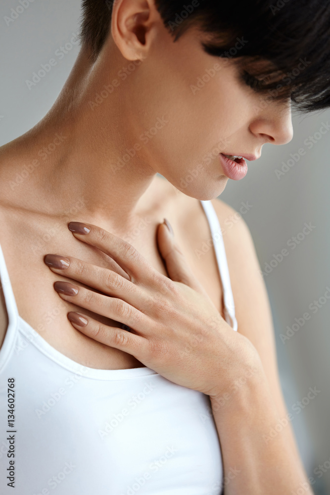 Beautiful Female Suffering From Painful Feeling, Pain In Chest. Beautiful Female Suffering From Painful Feeling, Pain In Chest.