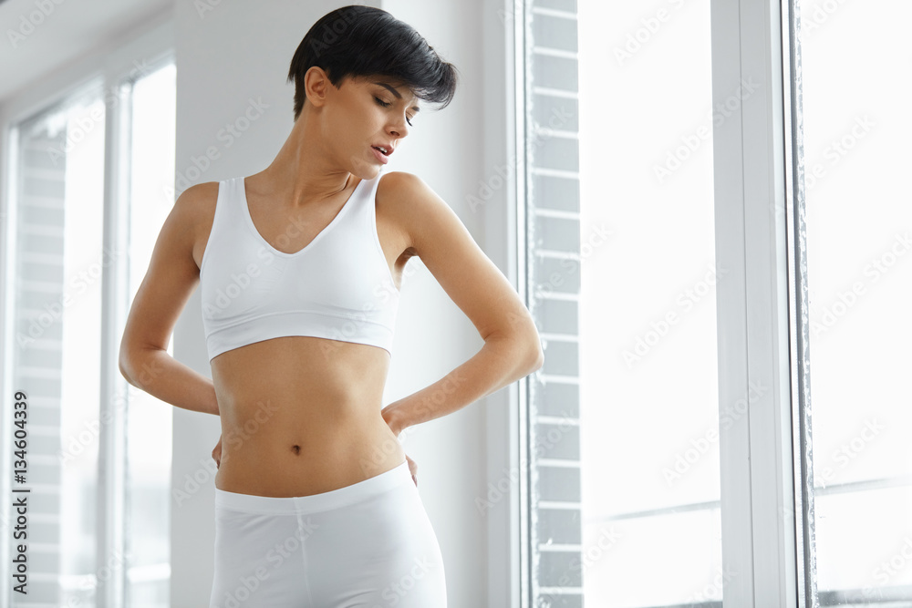 Body Pain. Beautiful Woman Feeling Pain In Back, Backache Body Pain. Beautiful Woman Feeling Pain In Back, Backache