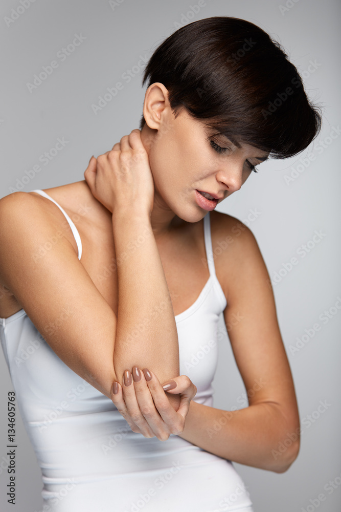 Body Pain. Beautiful Woman Feeling Pain In Elbows, Painful Arm Body Pain. Beautiful Woman Feeling Pain In Elbows, Painful Arm