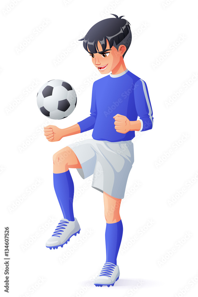 Vector young football or soccer player boy juggling with ball.