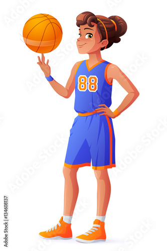 Vector young pretty basketball player girl spinning ball on finger.