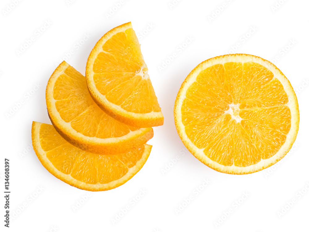 Ripe, fresh orange slice isolated on white background. Perfectly retouched with clear details. Full depth of field. Fruit photographed in Studio on white background Ripe, fresh orange slice isolated on white background. Perfectly retouched with clear details. Full depth of field. Fruit photographed in Studio on white background