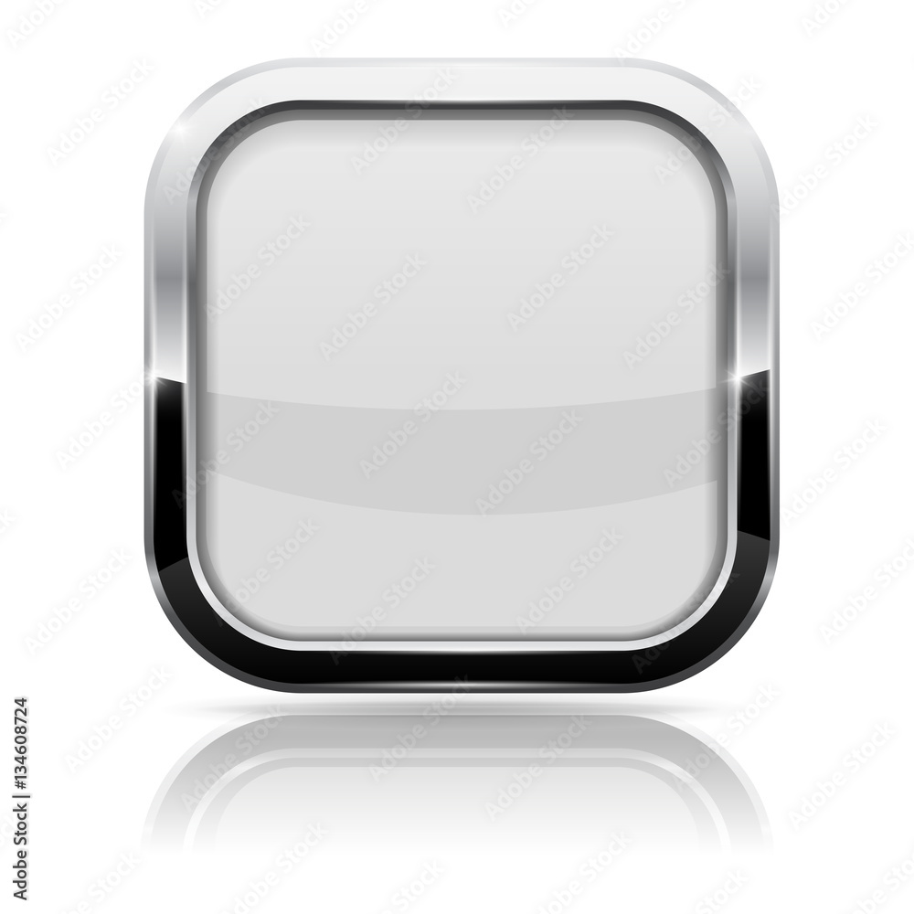 White glass button. Square shiny 3d icon with metal frame White glass button. Square shiny 3d icon with metal frame