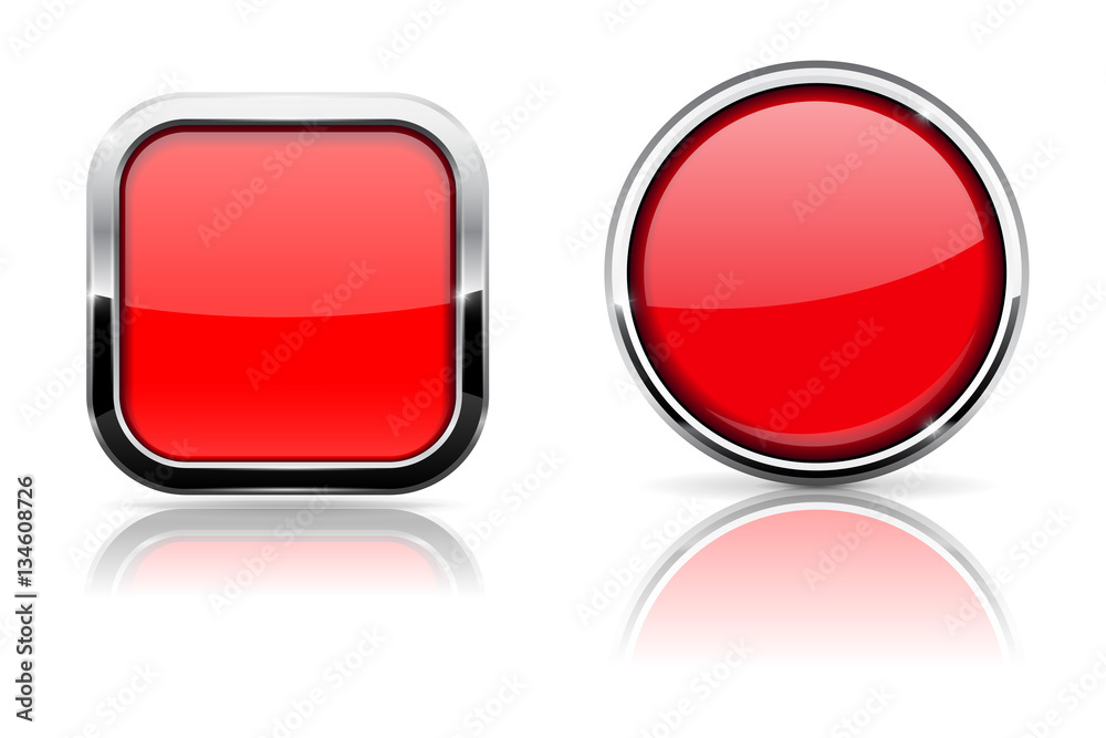 Red glass buttons. Square and circle shiny icons with chrome frame Red glass buttons. Square and circle shiny icons with chrome frame