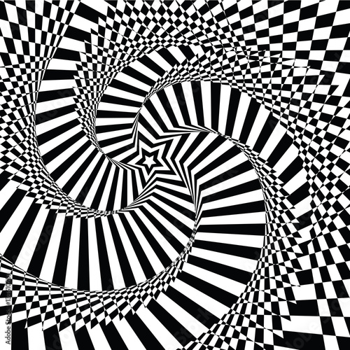vector illustration motley visual and optical illusion star-shaped black  white, twisted spiral