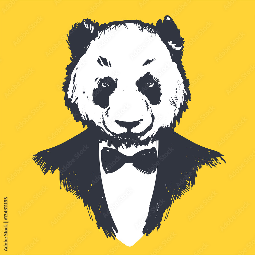Naklejka premium Hipster panda w smokingu na żółtym tle