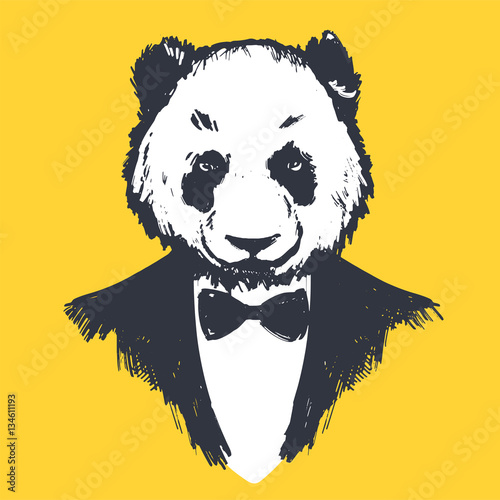 Fototapeta Naklejka Na Ścianę i Meble -  Hipster panda in dinner jacket on yellow background